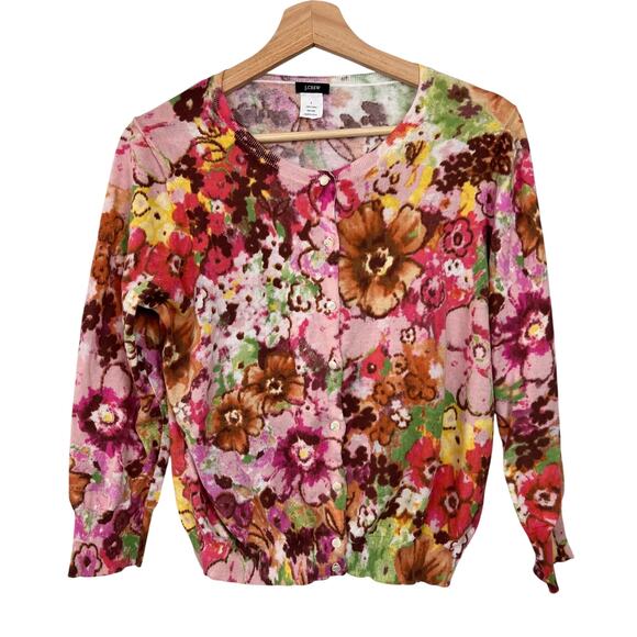 J. Crew Women's Large Floral Print Cotton 3/4 Sleeve Cardigan Sweater Romantic - Picture 1 of 6